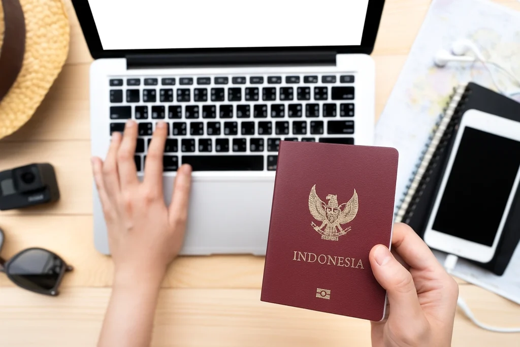 Personne tenant un passeport indonésien devant un ordinateur portable, avec carte et téléphone sur le bureau, illustrant une demande de visa pour l’Indonésie en ligne.