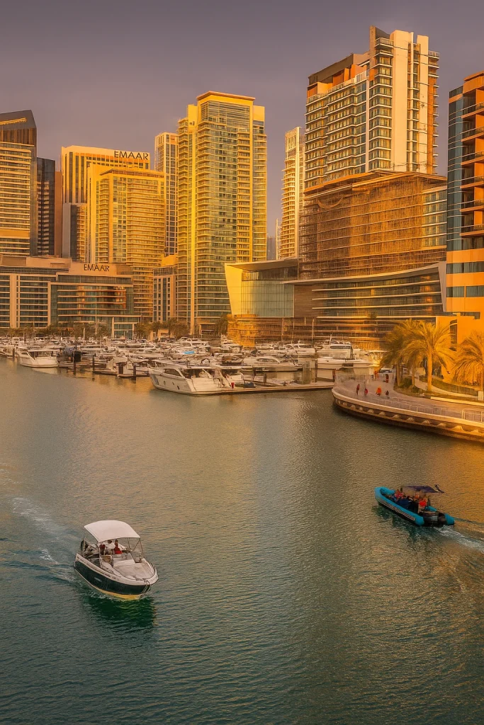 View of Dubai Marina at sunset with modern high-rises and boats, illustrating housing in Dubai along the canal.