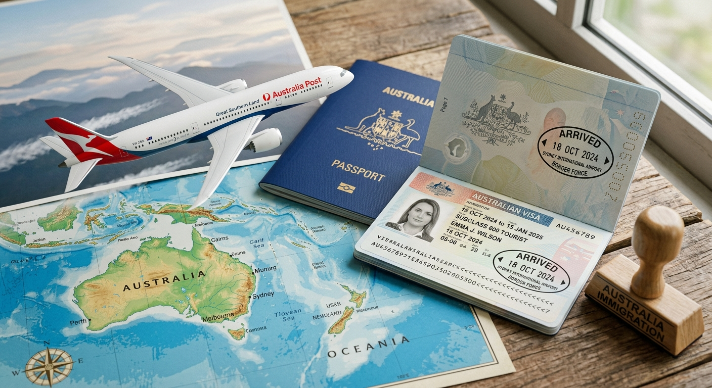 Visa Australie 2026 : passeport, tampon d'entrée et carte du continent australien